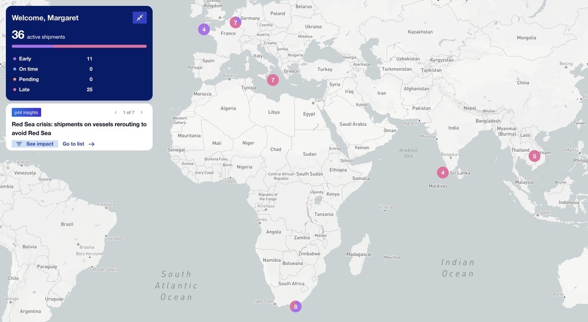 Movement map that shows the 36 active shipments that are on vessels rerouting to avoid the Red Sea